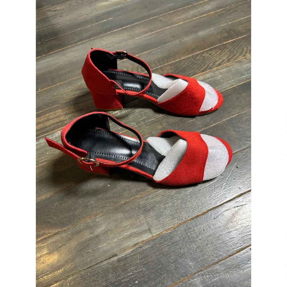 Womens Red Faux Suede Block Heel Ankle Strap Sandals Open Toe Party Shoes